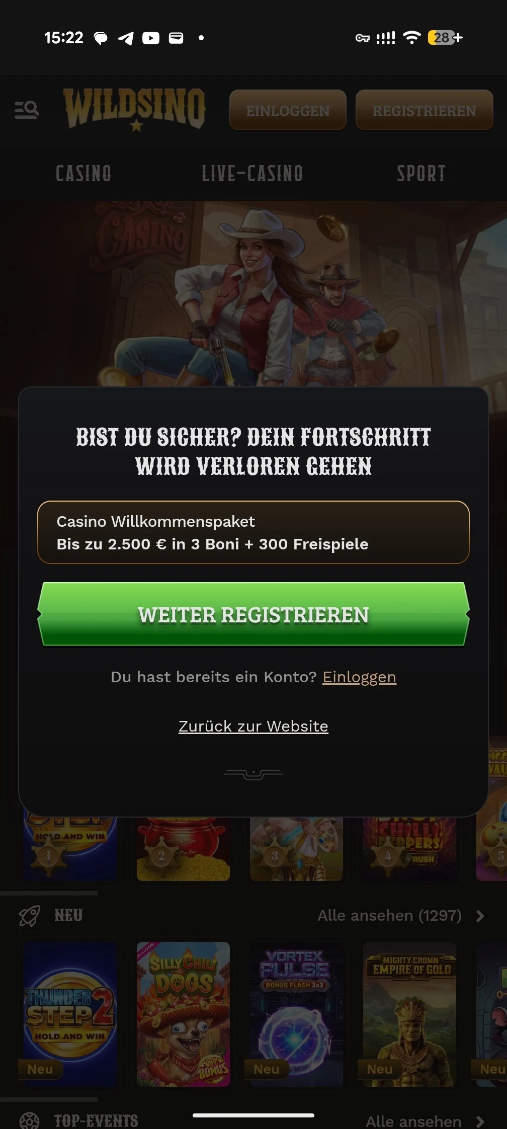 Vom Registrierungsdialog zum bestehenden Konto Wildsino-Hinweis beim Verlassen der Registrierung mit Weiter registrieren, Einloggen und Zurück zur Website.