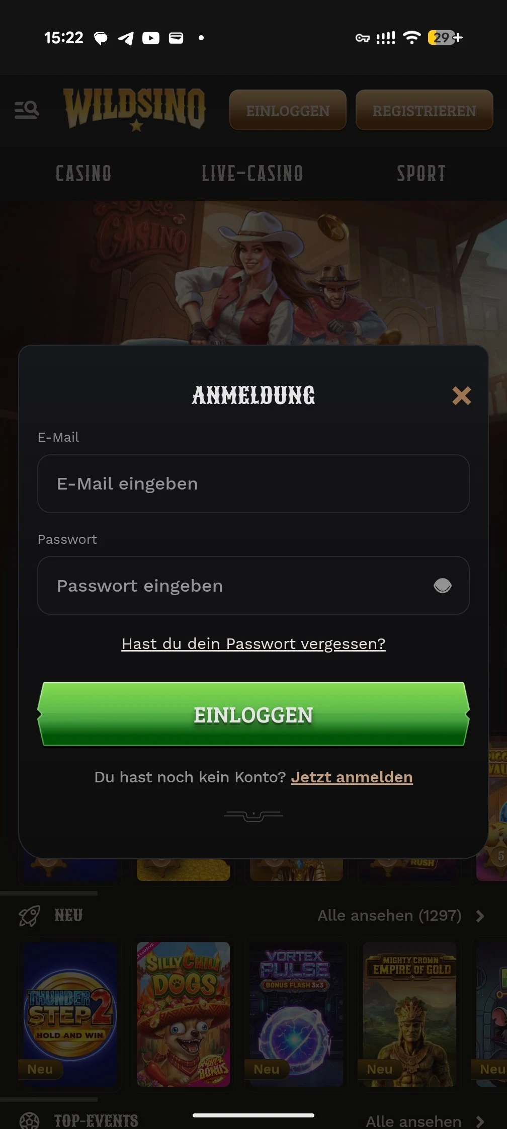 Wildsino: mobile Anmeldemaske Mobile Wildsino-Anmeldung mit E-Mail, Passwort, Passwort-vergessen-Link und der Schaltfläche Einloggen.