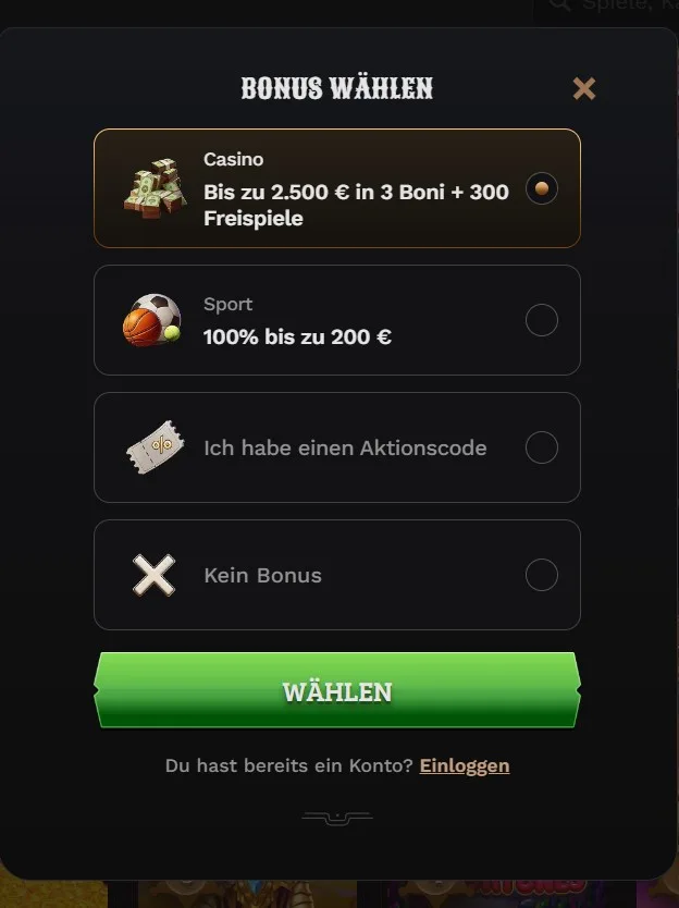 Beispiel der Bonusauswahl bei Wildsino Wildsino-Bonusauswahl mit Casino-Paket, Sportbonus, Aktionscode und der Option Kein Bonus.