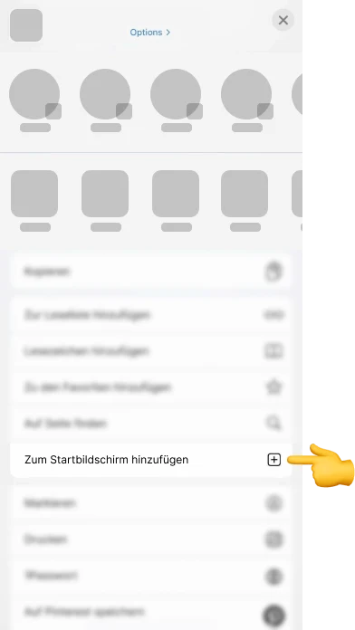 iPhone-Teilen-Menü mit hervorgehobener Aktion Zum Startbildschirm hinzufügen